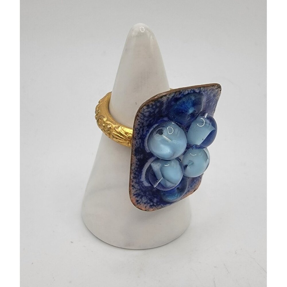 Vintage Blue Resin Ring Filled Gold Tone Ring Sz 5 Rectangle Blue Hues